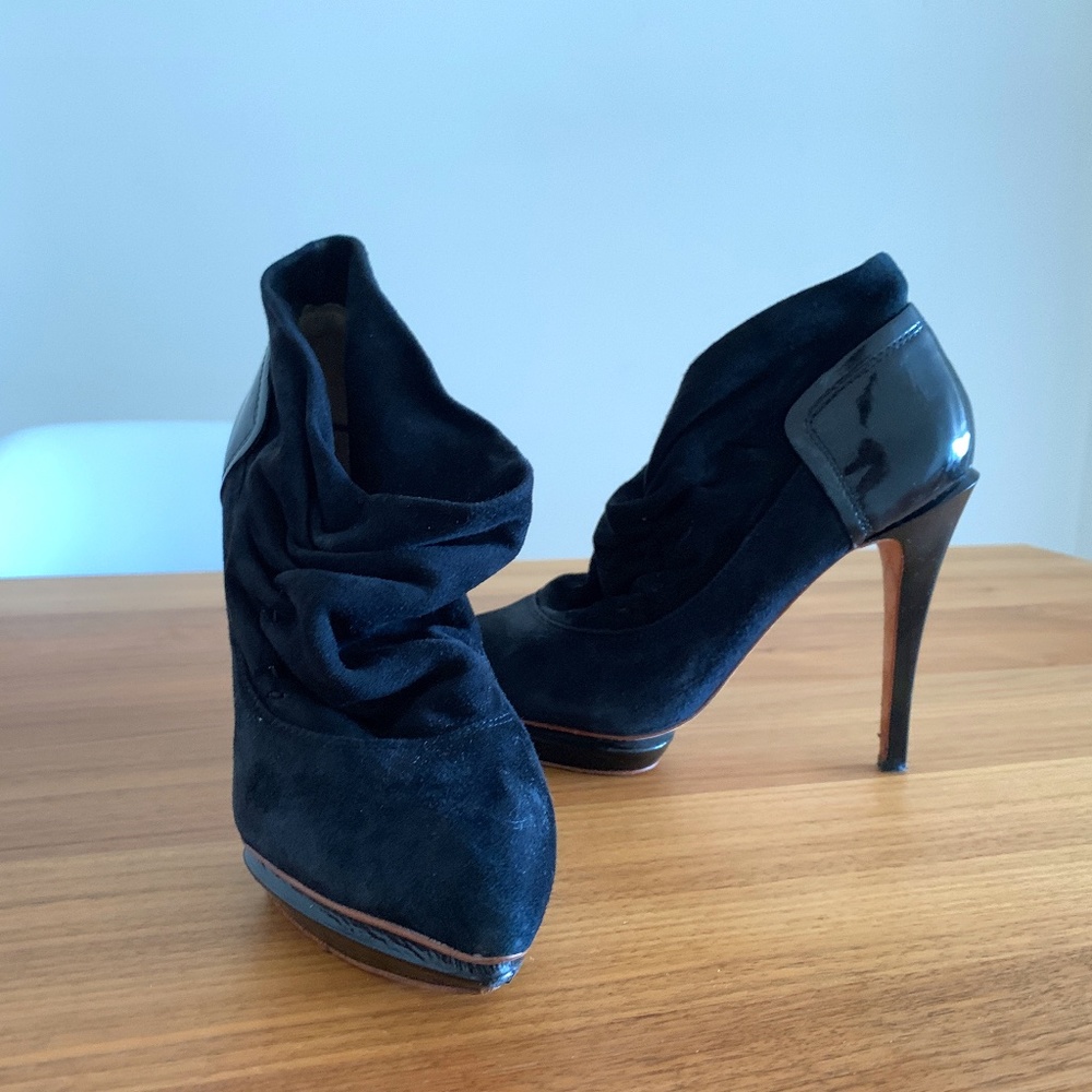 L.A.M.B. Ruched Black Suede Platform Bootie